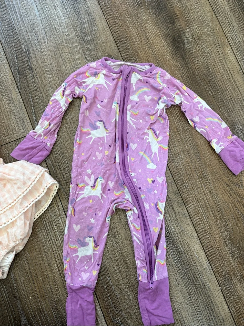 Joei Ruffle Romper + little sleepies Purple Unicorn pjs bundle 3-6 months girls